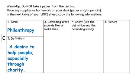 C Philanthropy Warm-Up: Do NOT take a paper from the tan bin.