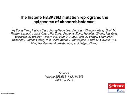The histone H3.3K36M mutation reprograms the epigenome of chondroblastomas by Dong Fang, Haiyun Gan, Jeong-Heon Lee, Jing Han, Zhiquan Wang, Scott M. Riester,