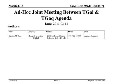 Ad-Hoc Joint Meeting Between TGai & TGaq Agenda