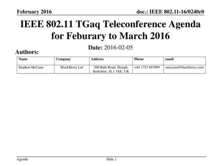 IEEE TGaq Teleconference Agenda for Feburary to March 2016