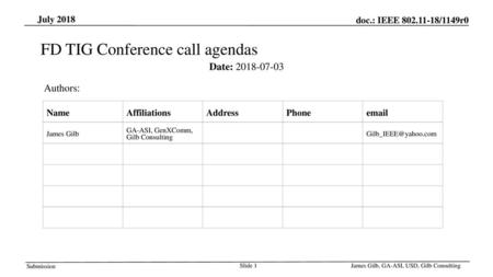 FD TIG Conference call agendas
