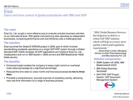 Eisai Gains real-time control of global subsidiaries with IBM and SAP