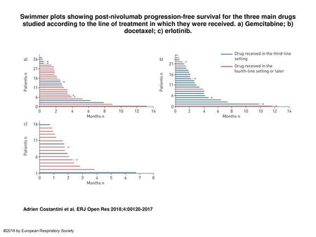 Swimmer plots showing post-nivolumab progression-free survival for the three main drugs studied according to the line of treatment in which they were received.