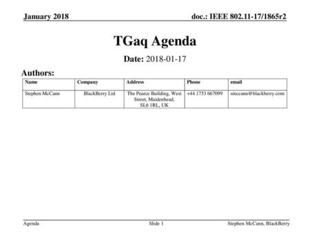 TGaq Agenda Date: Authors: January 2018 January 2018