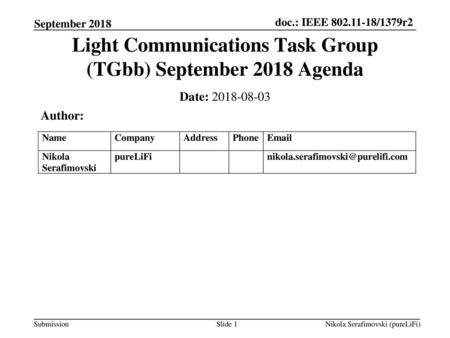 Light Communications Task Group (TGbb) September 2018 Agenda