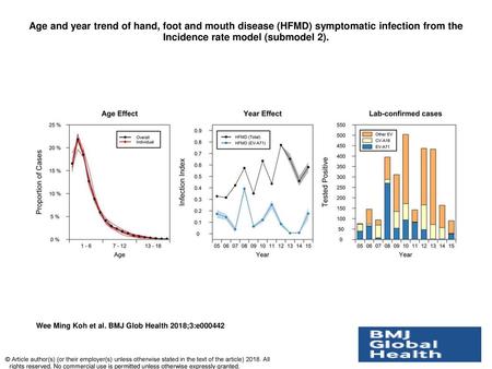 Age and year trend of hand, foot and mouth disease (HFMD) symptomatic infection from the Incidence rate model (submodel 2). Age and year trend of hand,
