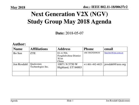 Next Generation V2X (NGV) Study Group May 2018 Agenda