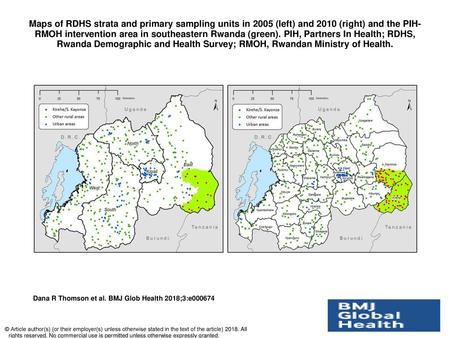 Maps of RDHS strata and primary sampling units in 2005 (left) and 2010 (right) and the PIH-RMOH intervention area in southeastern Rwanda (green). PIH, Partners.