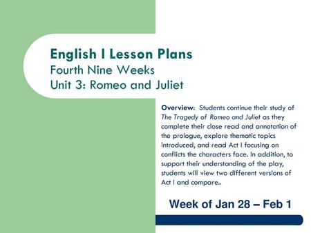 English I Lesson Plans Fourth Nine Weeks Unit 3: Romeo and Juliet
