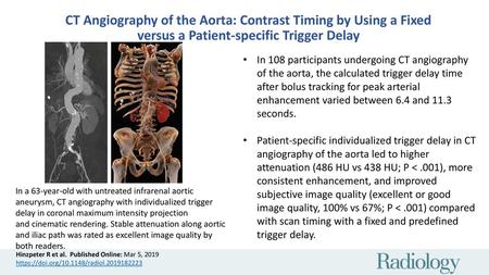 CT Angiography of the Aorta: Contrast Timing by Using a Fixed versus a Patient-specific Trigger Delay In 108 participants undergoing CT angiography of.