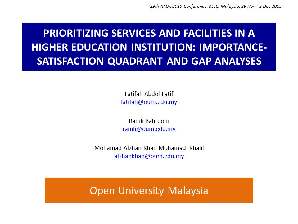 Prioritizing Services And Facilities In A Higher Education Institution Importance Satisfaction Quadrant And Gap Analyses Latifah Abdol Latif Ppt Download