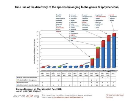 Time line of the discovery of the species belonging to the genus Staphylococcus. Time line of the discovery of the species belonging to the genus Staphylococcus.