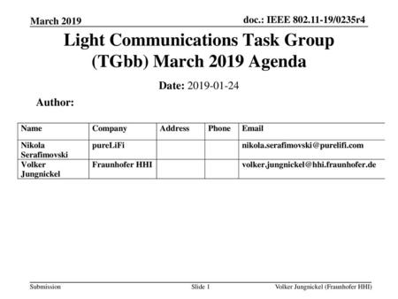 Light Communications Task Group (TGbb) March 2019 Agenda