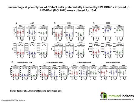 Immunological phenotypes of CD4+ T cells preferentially infected by HIV. PBMCs exposed to HIV-1BaL (MOI 0.01) were cultured for 10 d. Immunological phenotypes.