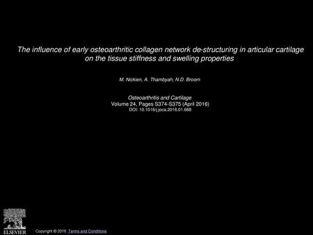 The influence of early osteoarthritic collagen network de-structuring in articular cartilage on the tissue stiffness and swelling properties  M. Nickien,