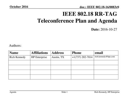 IEEE RR-TAG Teleconference Plan and Agenda