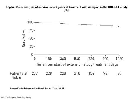 Kaplan–Meier analysis of survival over 2 years of treatment with riociguat in the CHEST-2 study [54]. Kaplan–Meier analysis of survival over 2 years of.
