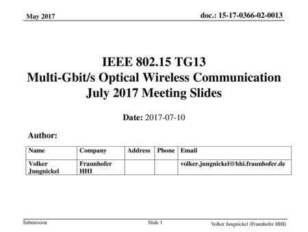 May 2015 doc.: IEEE 802.11-15/0496r1 May 2017 IEEE 802.15 TG13 Multi-Gbit/s Optical Wireless Communication July 2017 Meeting Slides Date: 2017-07-10.