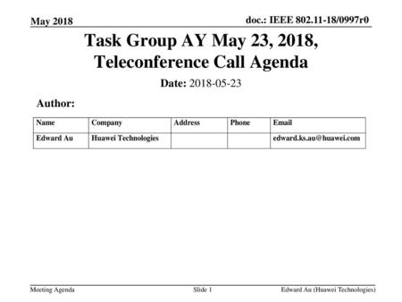 Task Group AY May 23, 2018, Teleconference Call Agenda