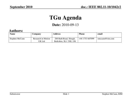 TGu Agenda Date: Authors: September 2010 September 2010