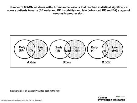 Number of 0.5-Mb windows with chromosome lesions that reached statistical significance across patients in early (BE early and BE instability) and late.