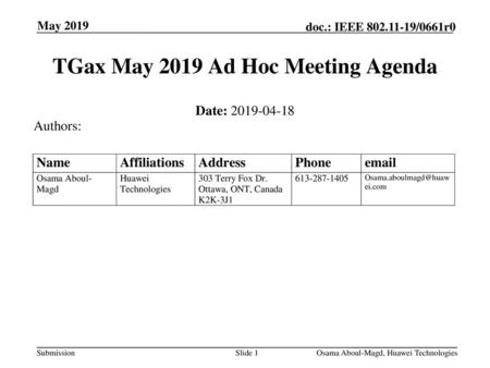 TGax May 2019 Ad Hoc Meeting Agenda
