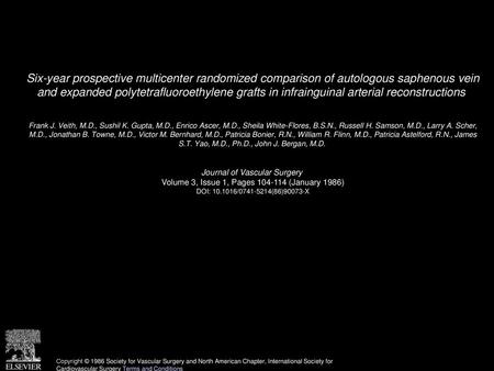 Six-year prospective multicenter randomized comparison of autologous saphenous vein and expanded polytetrafluoroethylene grafts in infrainguinal arterial.