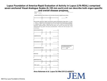 Lupus Foundation of America-Rapid Evaluation of Activity in Lupus (LFA-REAL) comprised seven anchored Visual Analogue Scales (0–100 mm each) and can describe.