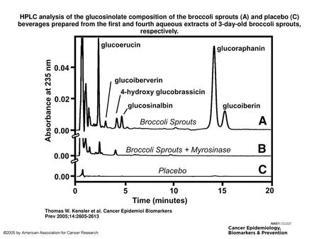 HPLC analysis of the glucosinolate composition of the broccoli sprouts (A) and placebo (C) beverages prepared from the first and fourth aqueous extracts.