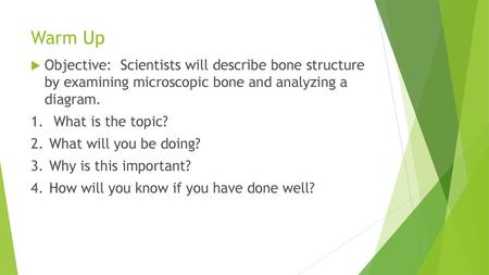 Warm Up Objective: Scientists will describe bone structure by examining microscopic bone and analyzing a diagram. 1.	 What is the topic? 2.	What will.