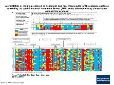Interpretation of results presented as heat maps and heat map results for the exercise subtests, ranked by the total Functional Movement Screen (FMS) score.