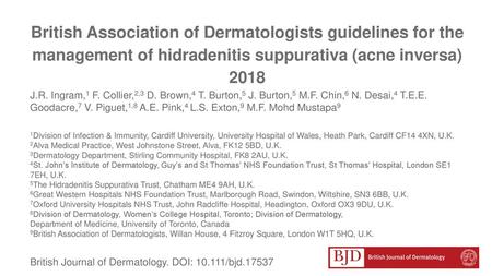 British Association of Dermatologists guidelines for the management of hidradenitis suppurativa (acne inversa) 2018 J.R. Ingram,1 F. Collier,2,3 D. Brown,4.