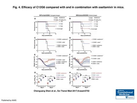 Fig. 4. Efficacy of C12G6 compared with and in combination with oseltamivir in mice. Efficacy of C12G6 compared with and in combination with oseltamivir.