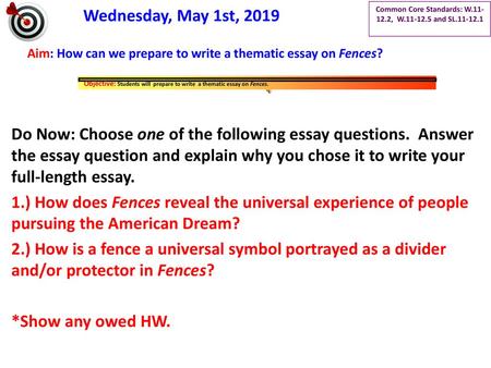 Aim: How can we prepare to write a thematic essay on Fences?