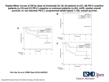 Kaplan-Meier curves of OS by dose of nivolumab for (A) all patients (n=47), (B) PD-L1-positive patients (n=13) and (C) PD-L1-negative or unknown patients.