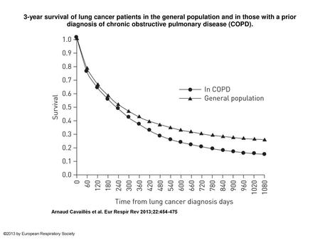 3-year survival of lung cancer patients in the general population and in those with a prior diagnosis of chronic obstructive pulmonary disease (COPD).