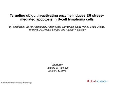 Targeting ubiquitin-activating enzyme induces ER stress–mediated apoptosis in B-cell lymphoma cells by Scott Best, Taylor Hashiguchi, Adam Kittai, Nur.
