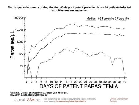 Median parasite counts during the first 40 days of patent parasitemia for 69 patients infected with Plasmodium malariae. Median parasite counts during.