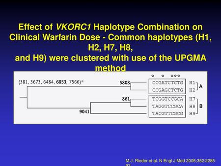 Effect of VKORC1 Haplotype Combination on Clinical Warfarin Dose - Common haplotypes (H1, H2, H7, H8, and H9) were clustered with use of the UPGMA method.