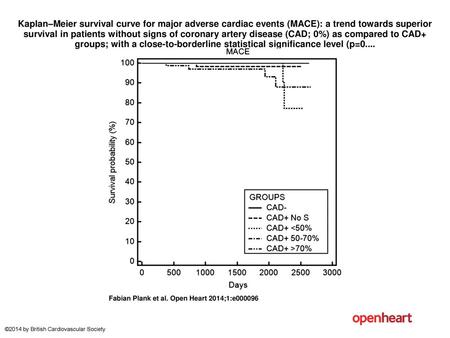 Kaplan–Meier survival curve for major adverse cardiac events (MACE): a trend towards superior survival in patients without signs of coronary artery disease.