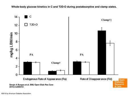 Whole-body glucose kinetics in C and T2D-O during postabsorptive and clamp states. Whole-body glucose kinetics in C and T2D-O during postabsorptive and.