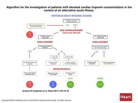 Algorithm for the investigation of patients with elevated cardiac troponin concentrations in the context of an alternative acute illness. Algorithm for.