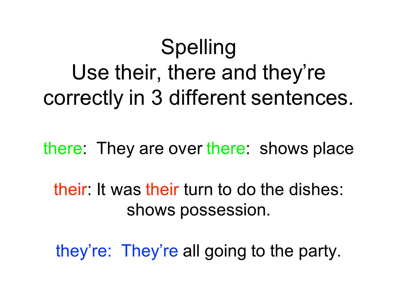 Spelling Use Their There And They Re Correctly In 3 Different Sentences There They Are Over There Shows Place Their It Was Their Turn To Do The Dishes Ppt Download