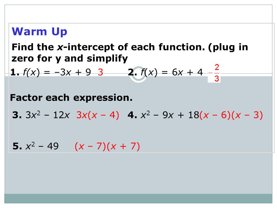 Warm Up Find The X Intercept Of Each Function Plug In Zero For Y And Simplify 1 F X 3x F X 6x 4 Factor Each Expression 3 3x 2 12x4 Ppt Download