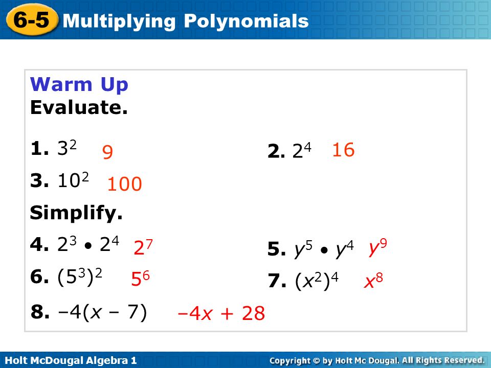 Holt Mcdougal Algebra Multiplying Polynomials Warm Up Evaluate Simplify 5 3 Y Ppt Download