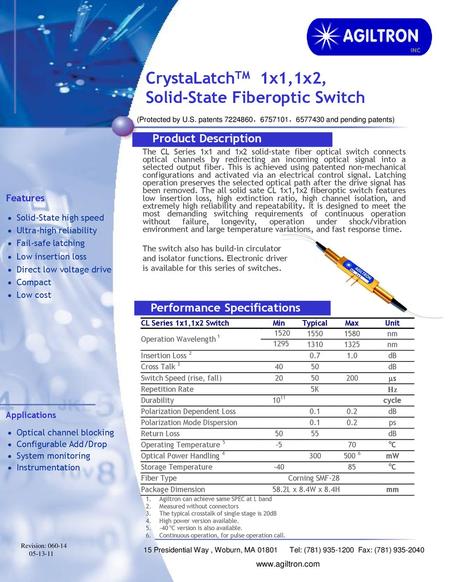 CrystaLatchTM 1x1,1x2, Solid-State Fiberoptic Switch