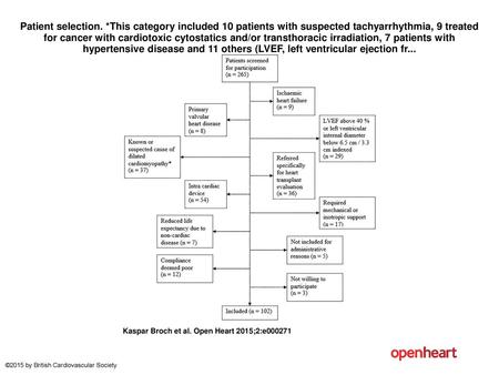 Patient selection. *This category included 10 patients with suspected tachyarrhythmia, 9 treated for cancer with cardiotoxic cytostatics and/or transthoracic.
