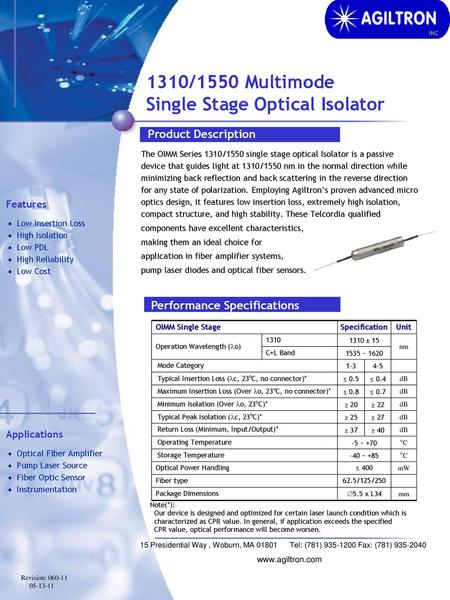 1310/1550 Multimode Single Stage Optical Isolator