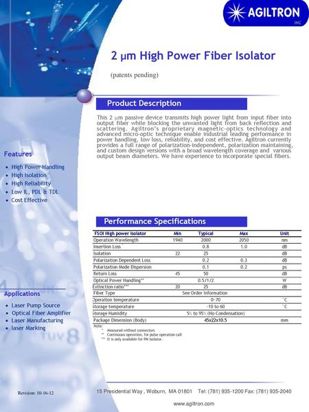 2 µm High Power Fiber Isolator (patents pending)