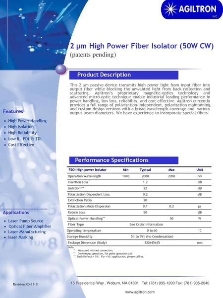 2 µm High Power Fiber Isolator (50W CW) (patents pending)